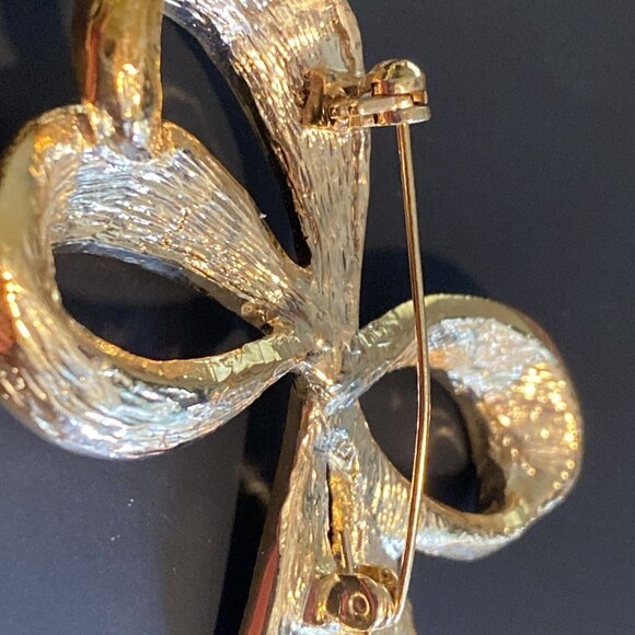 Vintage Bow Brooch Pin Signed Roman Estate Textured Gold Tone Metal Rhinestone R - Picture 15 of 16